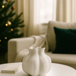 Wikholmform Vase Mohnkapsel Viola auf Couchtisch im weihnachtlichen Wohnzimmer