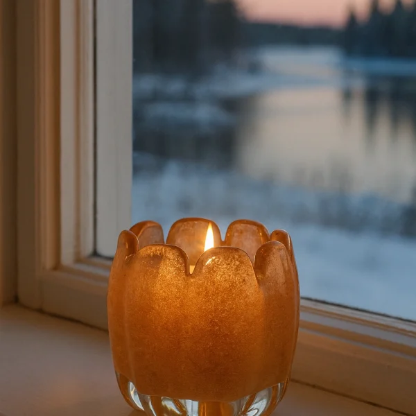 Warm leuchtendes bernsteinfarbenes Windlicht aus strukturiertem Glas