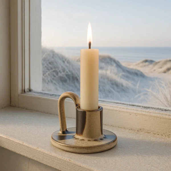 Nordischer Keramik-Kerzenhalter mit angezündeter Kerze auf Fensterbank, Winterlandschaft mit Dünen und Meer im Hintergrund