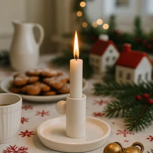 Nordischer Kerzenhalter von Wikholm Form, weihnachtlich dekoriert im Bullerbü-Stil auf Küchentisch.