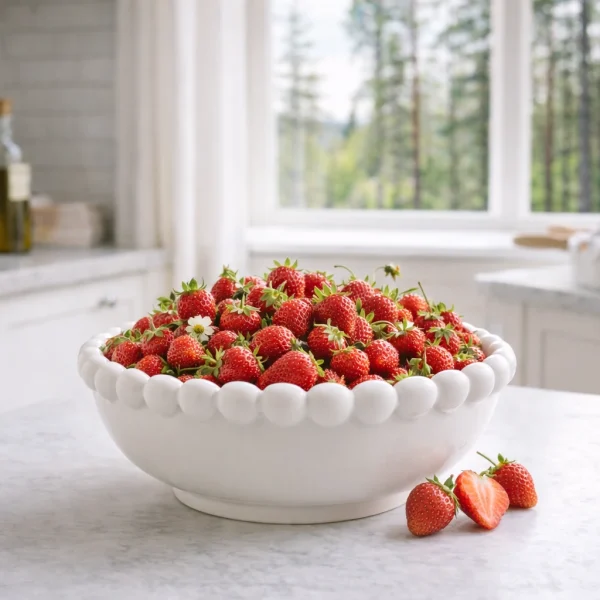 Weiße Keramik-Obstschale mit Walderdbeeren im skandinavischen Stil