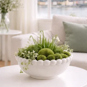„Weiße Keramikschale mit Perlenrand, dezent frühlingshaft bepflanzt mit Grünpflanzen und Moos, ruhig inszeniert im hellen Wohnzimmer im nordischen Sti