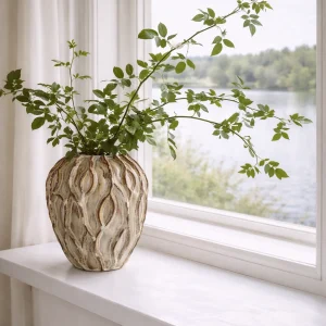 wikholm-vase-handgefertigt-strukturiert-beige, braun glasiert