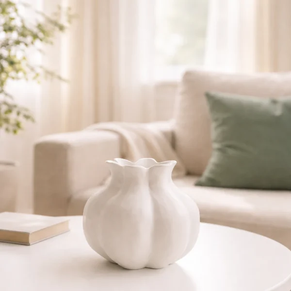 Weiße skulpturale Vase aus Keramik im nordischen Stil