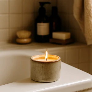 Kleine Wikholmform Alvy Duftkerze in beige glasierter Keramik, stimmungsvoll auf Badewannenrand dekoriert, mit warmem Spa-Ambiente im Badezimmer