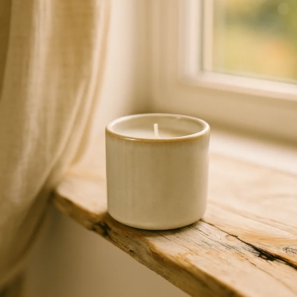 Wikholmform Alvy Kerze klein in heller, beiger Keramik auf rustikaler Fensterbank, sanftes Tageslicht und natürliche, nordische Wohnatmosphäre.