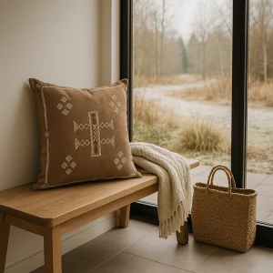 Kissen mit marokkanisch-inspiriertem Stickmuster in warmem Braun