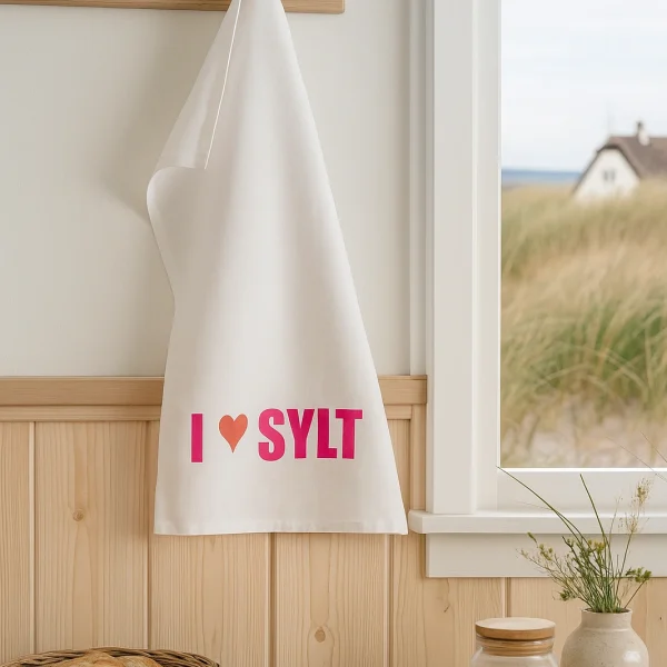 Weißes Baumwoll-Geschirrtuch mit pinkem „I ❤️ Sylt“ Druck