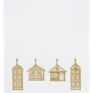 Weißes Geschirrtuch mit goldenen skandinavischen Hausmotiven in Reihe, minimalistisch und weihnachtlich gestaltet