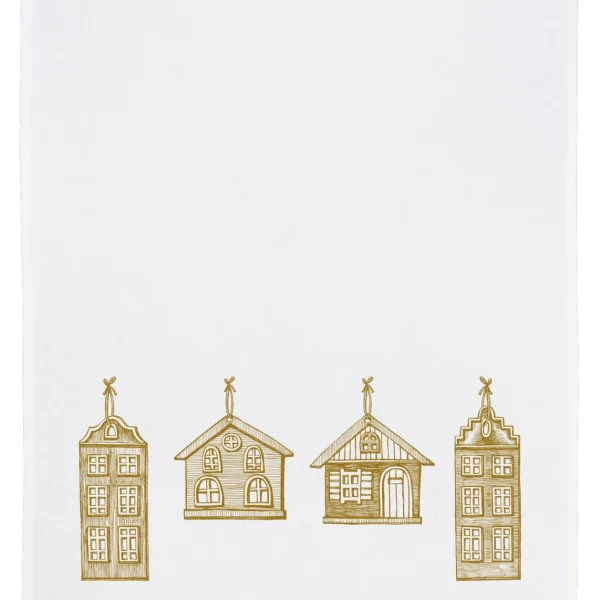 Weißes Geschirrtuch mit goldenen skandinavischen Hausmotiven in Reihe, minimalistisch und weihnachtlich gestaltet