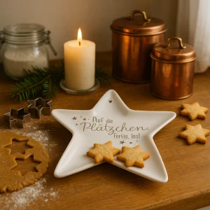 Weißer sternförmiger Plätzchenteller mit Aufschrift „Auf die Plätzchen, fertig, los!“ in einer gemütlichen Weihnachtsbäckerei-Szene, umgeben von Teig, Zimtsternen, Ausstechformen und Holzoberfläche