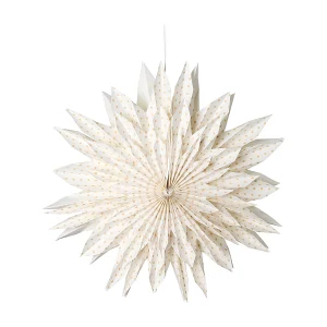 Weißer papierstern mit goldenen Punkten und gefalteten Spitzen, dekorativer Weihnachtsstern zum Aufhängen vor weißem Hintergrund, skandinavischer Stil