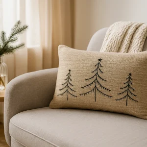 Beiges rechteckiges Kissen mit gestickten schwarzen Tannenbäumen auf einem hellen Scandi-Sofa, dekoriert mit Strickdecke, Kerze und Tannenzweigen – gemütliche, natürliche Winter-Hygge-Szenerie
