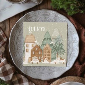 Beige Papierservietten von Majas Cottage mit dem Schriftzug „Julmys“, weihnachtlich dekoriert, skandinavischer Sti
