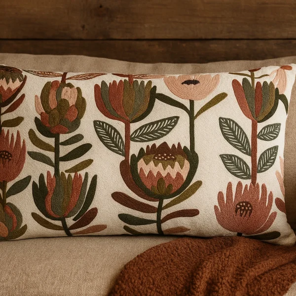 Dekokissen mit floraler Stickerei in warmen Naturtönen auf einem beigen Sofa vor einer rustikalen Holzwand. Erdige Farben wie Salbeigrün, Terrakotta und Rosé bilden ein botanisches Muster im nordischen Stil