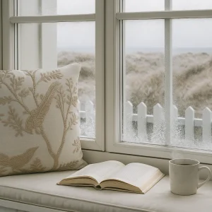Besticktes cremefarbenes Dekokissen mit Vogelmotiv auf einer Fensterbank in einem weißen skandinavischen Haus, neben einem geöffneten Buch und einer dampfenden Tasse Kaffee; Blick auf frostige Dünenlandschaft draußen