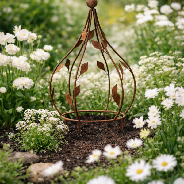 Rankhilfe aus Metall in Rostoptik mit Blattdesign, dekorativ im Frühlingsbeet zwischen weißen Blumen, Höhe 69 cm, Durchmesser 35 cm