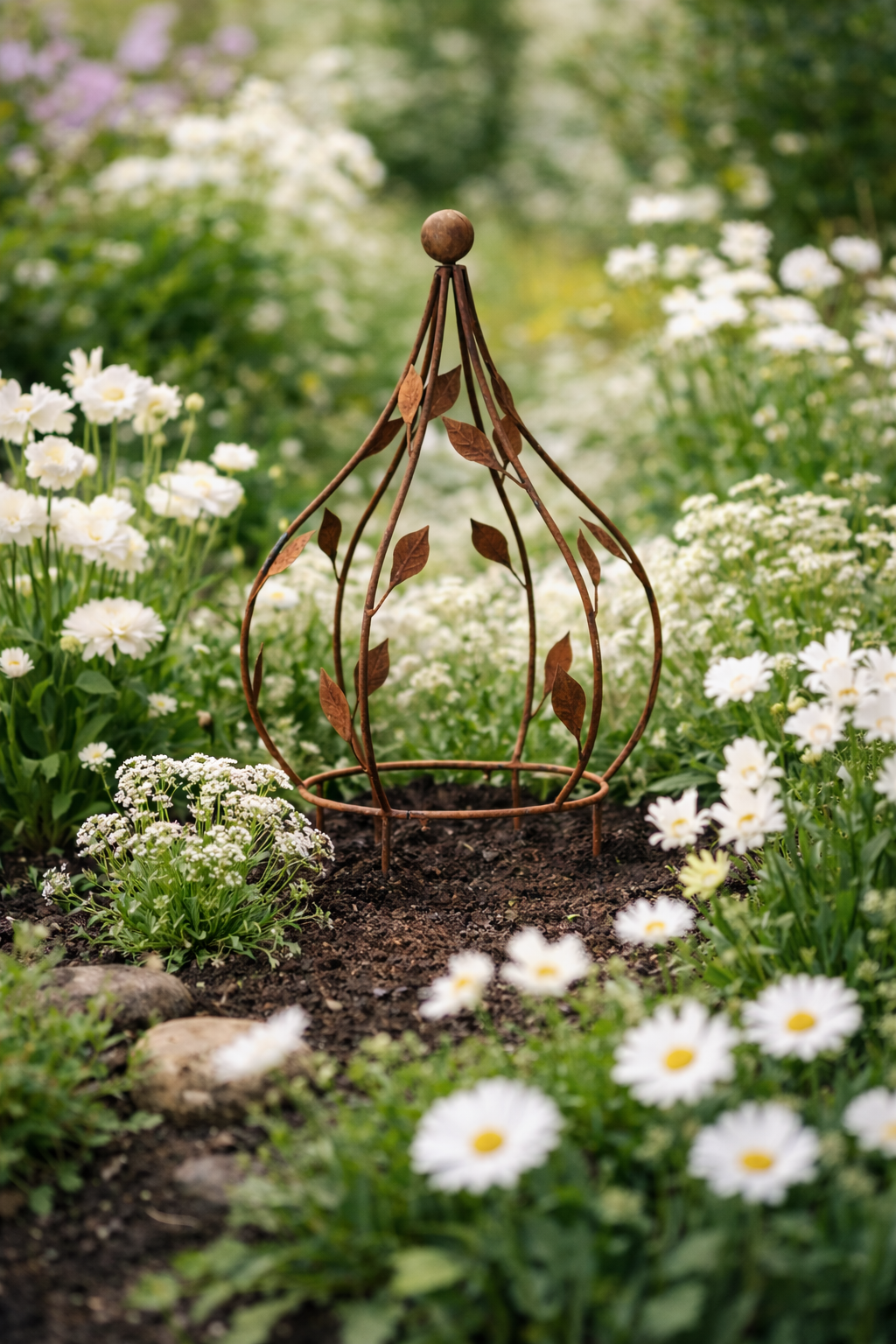 Rankhilfe aus Metall in Rostoptik mit Blattdesign, dekorativ im Frühlingsbeet zwischen weißen Blumen, Höhe 69 cm, Durchmesser 35 cm