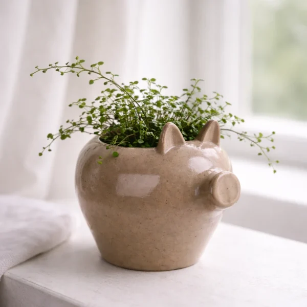 Braunes Keramik-Schwein von Wikholm Form, schlicht bepflanzt, skandinavischer Stil