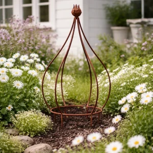 Rankhilfe aus Metall in Rostoptik (H 69 cm, Ø 35 cm) im Frühlingsbeet zwischen weißen Gänseblümchen vor einem schlichten weißen Schwedenhaus