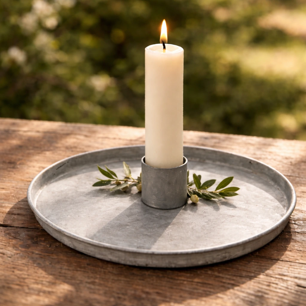 Schlichter magnetischer Kerzenhalter aus Metall von Ib Laursen auf rundem Tablett mit Stabkerze und Olivenzweigen