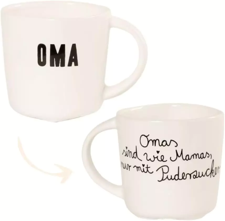 Familientasse „Oma“ aus Porzellan von Good old friends mit schwarzem Schriftzug und liebevollem Spruch