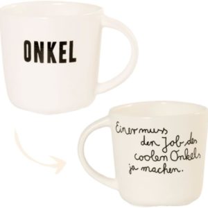 Familientasse „Onkel“ aus Porzellan von Good old friends mit schwarzem Schriftzug und liebevollem Spruch