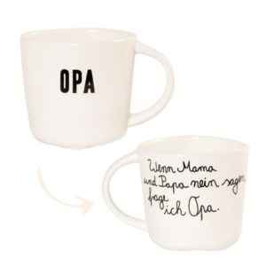 Familientasse „Opa“ aus Porzellan von Good old friends mit schwarzem Schriftzug und liebevollem Spruch