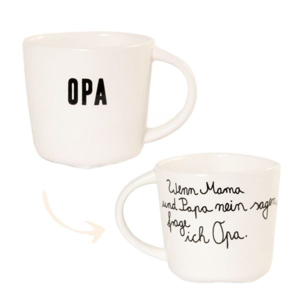 Familientasse „Opa“ aus Porzellan von Good old friends mit schwarzem Schriftzug und liebevollem Spruch