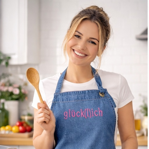 Denim Kochschürze aus Baumwolle mit Stickerei „glück(l)ich“ und Fronttasche