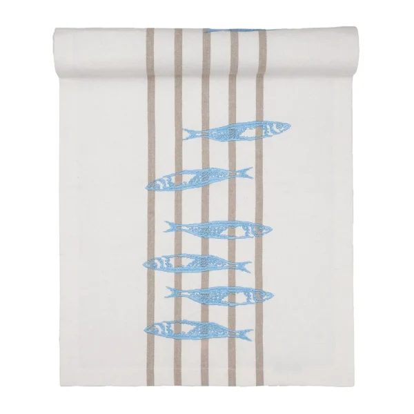Tischläufer Havn Sardines Natural Light Blue Baumwolle 45x150 mit Stickerei