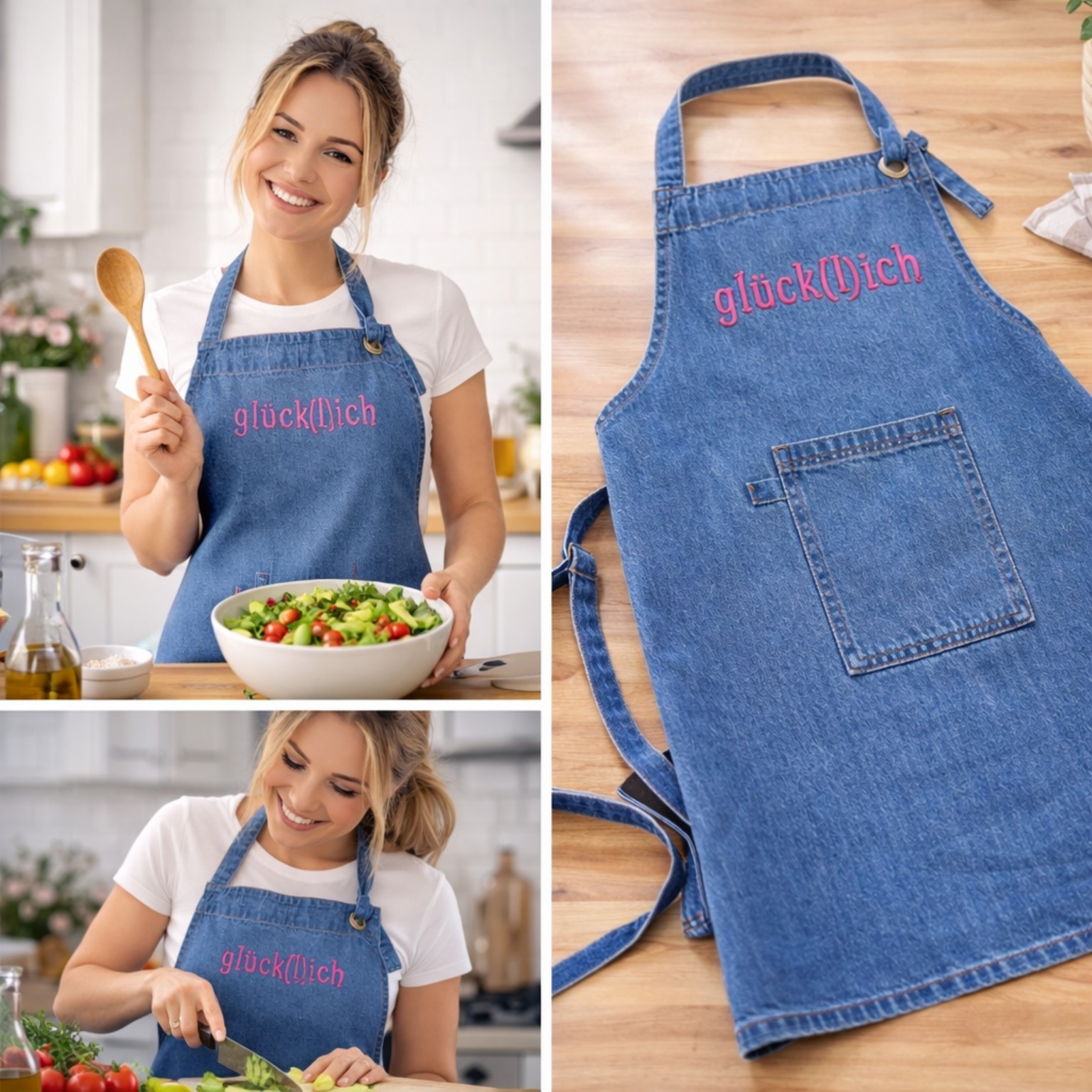 Küchenschürze „glück(l)ich“ | Denim | Baumwolle | 80×70 cm – Bild 3