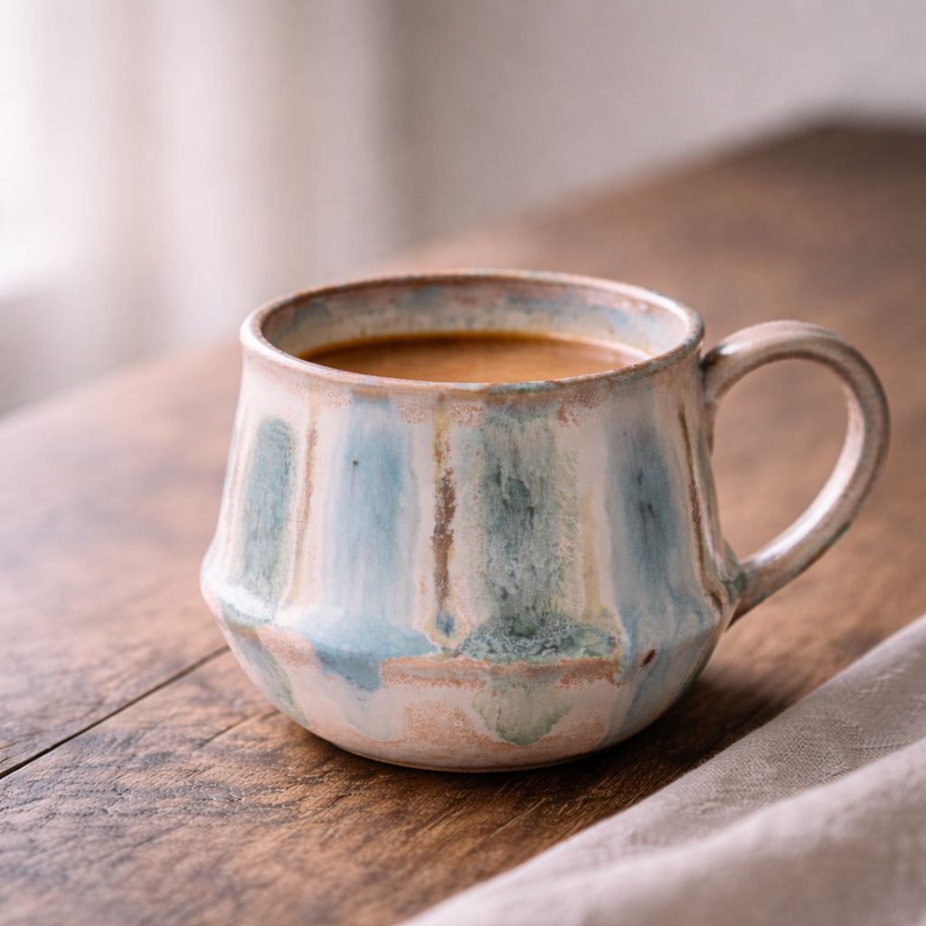 handgearbeitete Tasse Kalmar Ib Laursen grün blau gestreifte Glasur