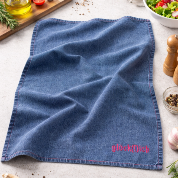 Denim Geschirrtuch „glück(l)ich“ in Blau mit pinker Stickerei, dekorativ auf Küchenarbeitsplatte mit frischen Zutaten und Holzbrett