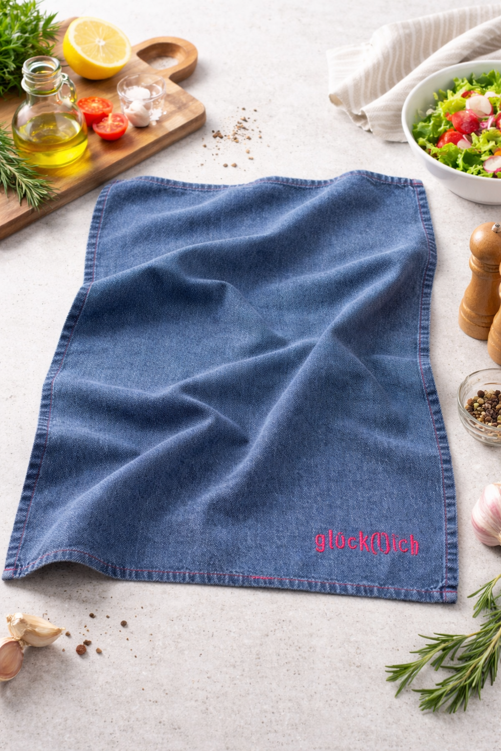 Denim Geschirrtuch „glück(l)ich“ in Blau mit pinker Stickerei, dekorativ auf Küchenarbeitsplatte mit frischen Zutaten und Holzbrett