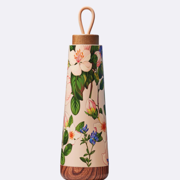 Florale Edelstahl Trinkflasche mit Holzdeckel und Schlaufe 500 ml