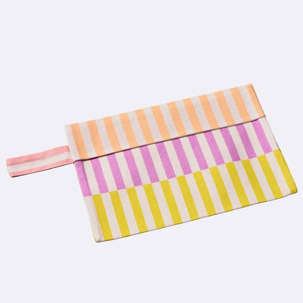 Gestreifte Baumwoll Kosmetiktasche in Peach, Pink und Gelb mit Schlaufe