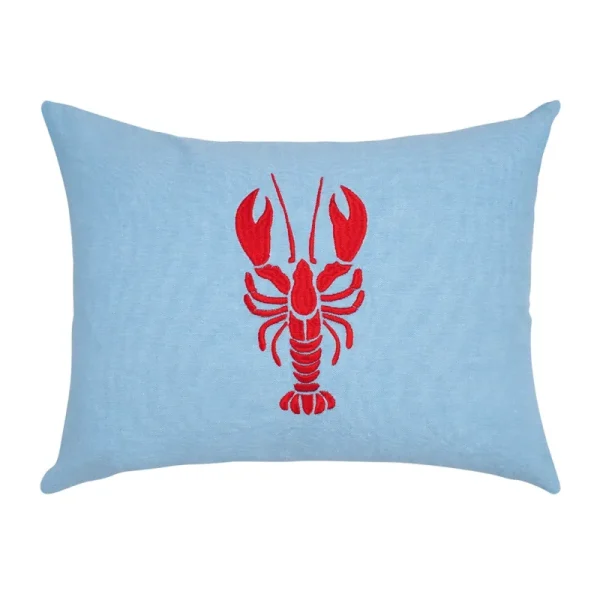 Hellblaue Kissenhülle mit roter Hummer Stickerei aus Baumwolle 30x40 cm