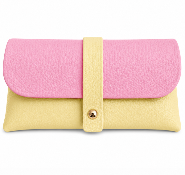 Brillenetui aus Leder in pink und gelb mit Druckknopf Colorblock