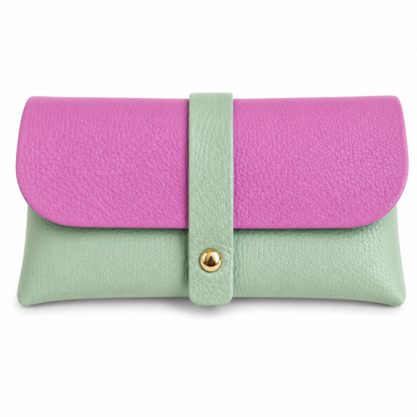 Brillenetui aus Leder in pink und mint mit Druckknopf Colorblock