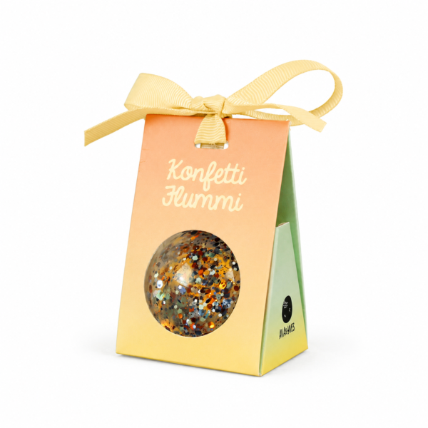 Flummi mit Konfetti in Gold, Zitronengelb und Aprikot von ava&yves in Geschenkverpackung