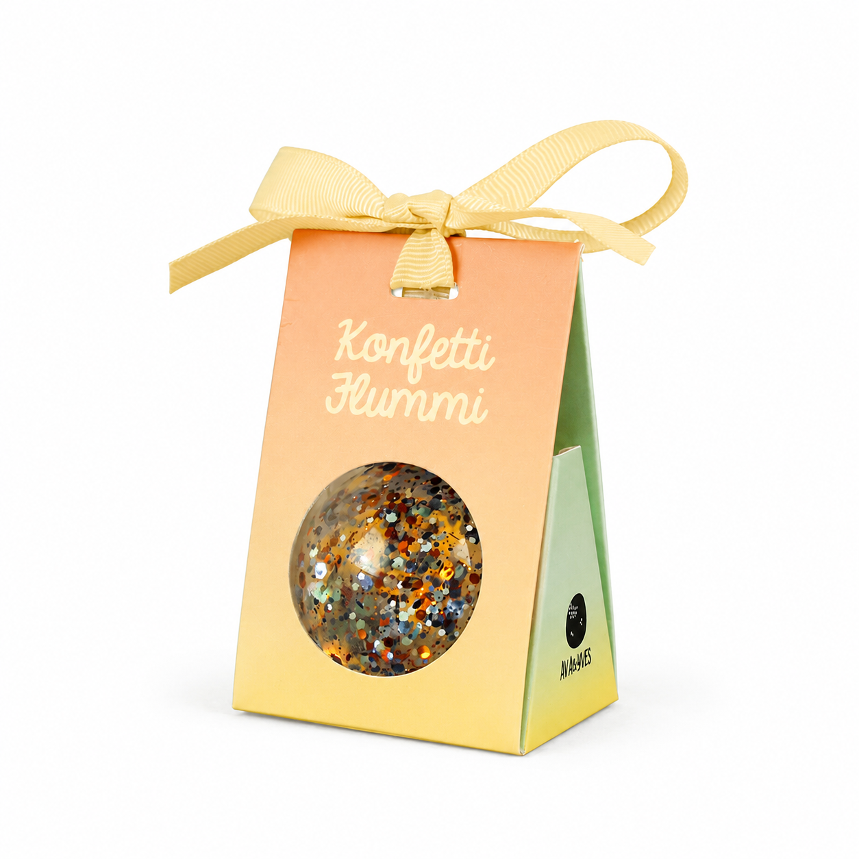 Flummi mit Konfetti in Gold, Zitronengelb und Aprikot von ava&yves in Geschenkverpackung