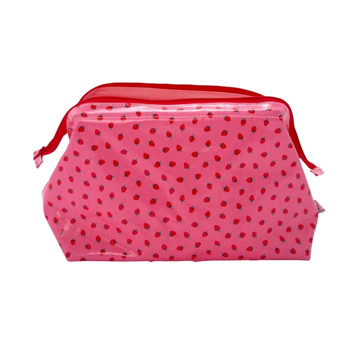 Kosmetiktasche Strawberries Pink von Au Maison mit kleinen Erdbeeren und gepunktetem Innenfutter