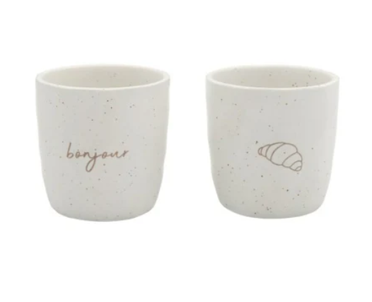 Leeff Becher-Set Bonjour und Croissant aus weißer Keramik mit feinen Sprenkeln