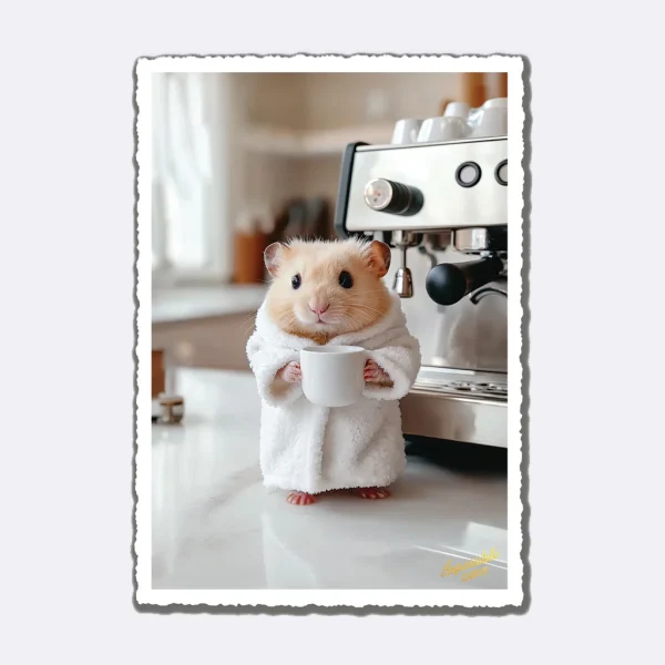 Postkarte Coffee Hamster mit Hamster im Bademantel und Kaffeetasse vor Kaffeemaschine