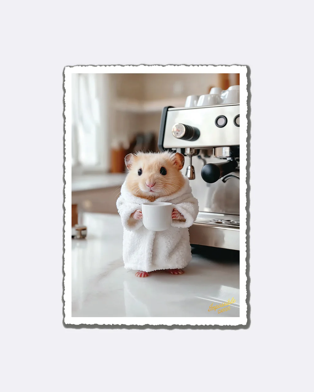 Postkarte Coffee Hamster mit Hamster im Bademantel und Kaffeetasse vor Kaffeemaschine