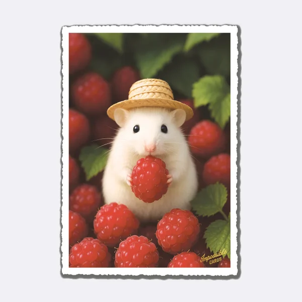 Postkarte Raspberry Hamster mit weißem Hamster, Strohhut und Himbeeren