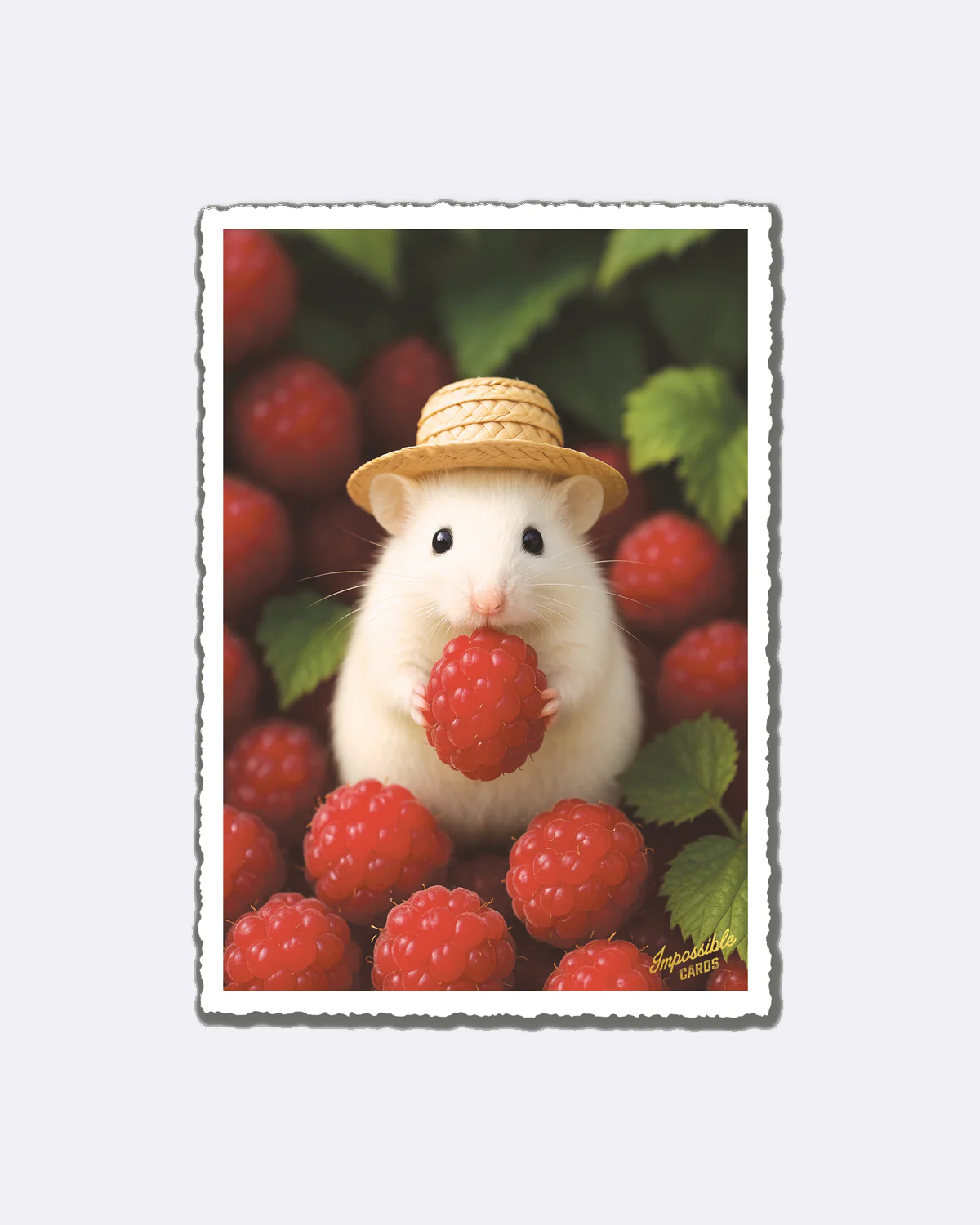 Postkarte Raspberry Hamster mit weißem Hamster, Strohhut und Himbeeren