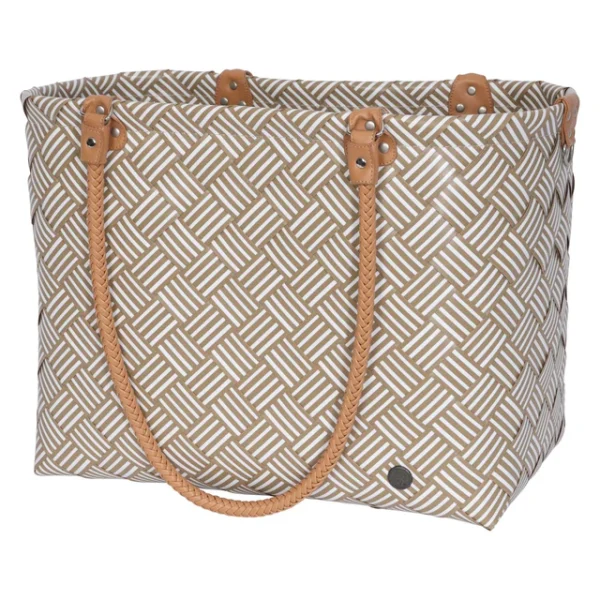 Handed By Shopper Sainte-Maxime Stripes in Khaki und Weiß mit geflochtenen Tragegriffen
