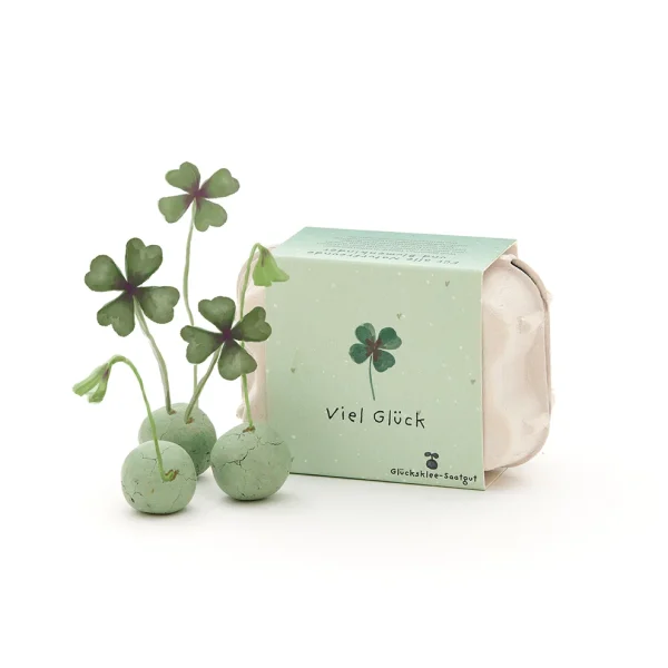 6 Blumenmurmeln Viel Glück mit Glücksklee Saatgut im Mini-Eierkarton